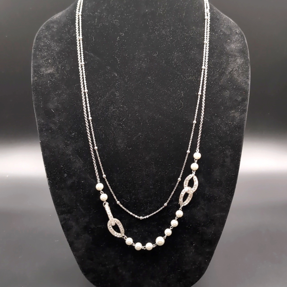 Silver Toned Faux Pearl Beaded Multi Strand Necklace With Mesh Loop Inner Stoned